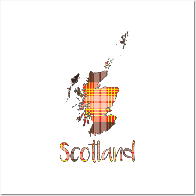 Scotland Red, Yellow, Black and White Tartan Map Typography Design Wall Art by MacPean